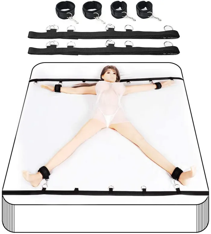 Couples | Black Bondage Bed 7 Rings Slave Set Restraint Kit with Eye Mask and Feather - Perfectly Incorrect