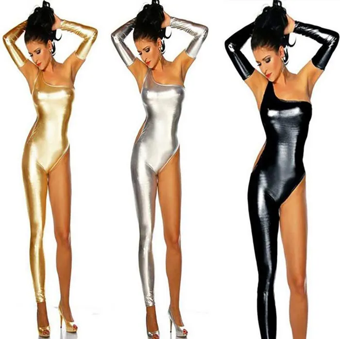 Gold Metallic Wet Look Leather One Shoulder Single Leg Bodysuit | Perfectly Incorrect Vibrators