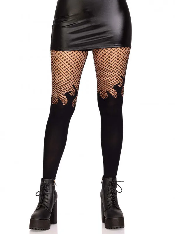 Opaque Flame Tights With Fishnet Top One Size Black Leg Avenue Bodystockings Playsuits Opaque Flame Tights With Fishnet Top One Size Black Leg Avenue Bodystockings Playsuits