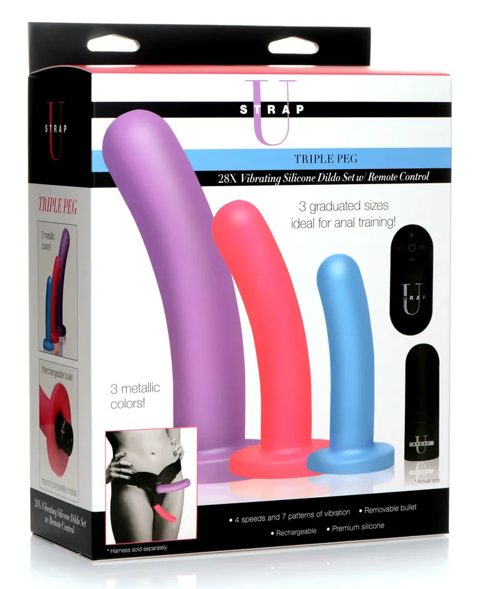 Strap U Female Sex Toys | Triple Peg 28X Vibrating Silicone Dildo Set with Remote Control