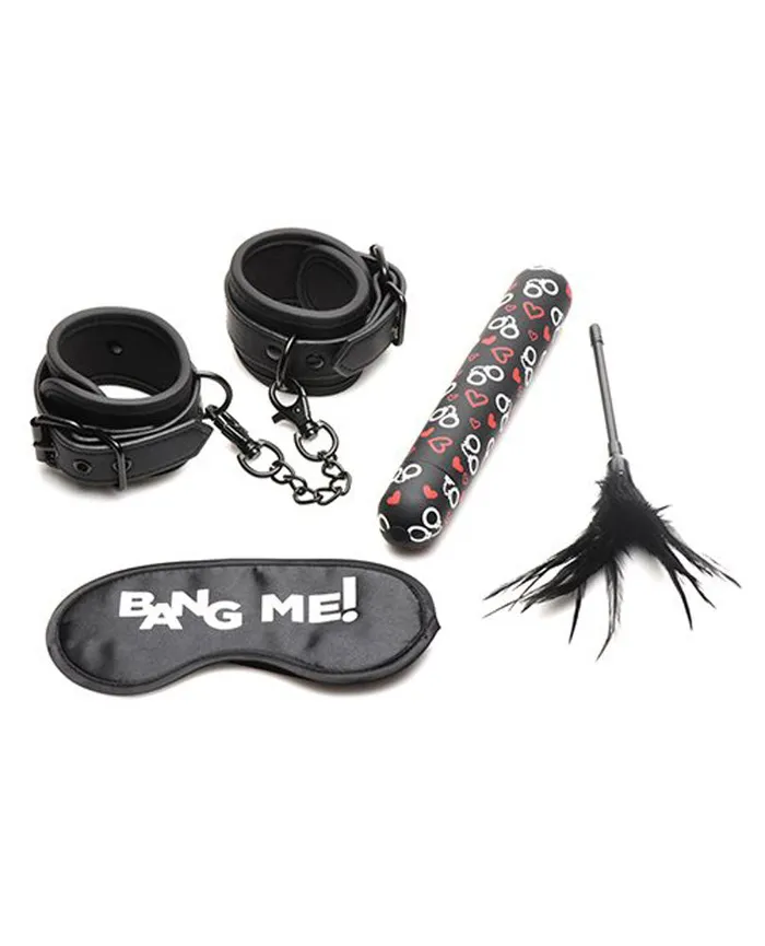 XR Brands Bang Couples Bang Bondage Kit XL Bullet Cuffs Tickler and Blindfold Black