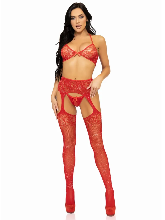 Leg Avenue Vibrators 3 Pc Rhinestone Bra Top GString and Garter Belt Stockings One Size